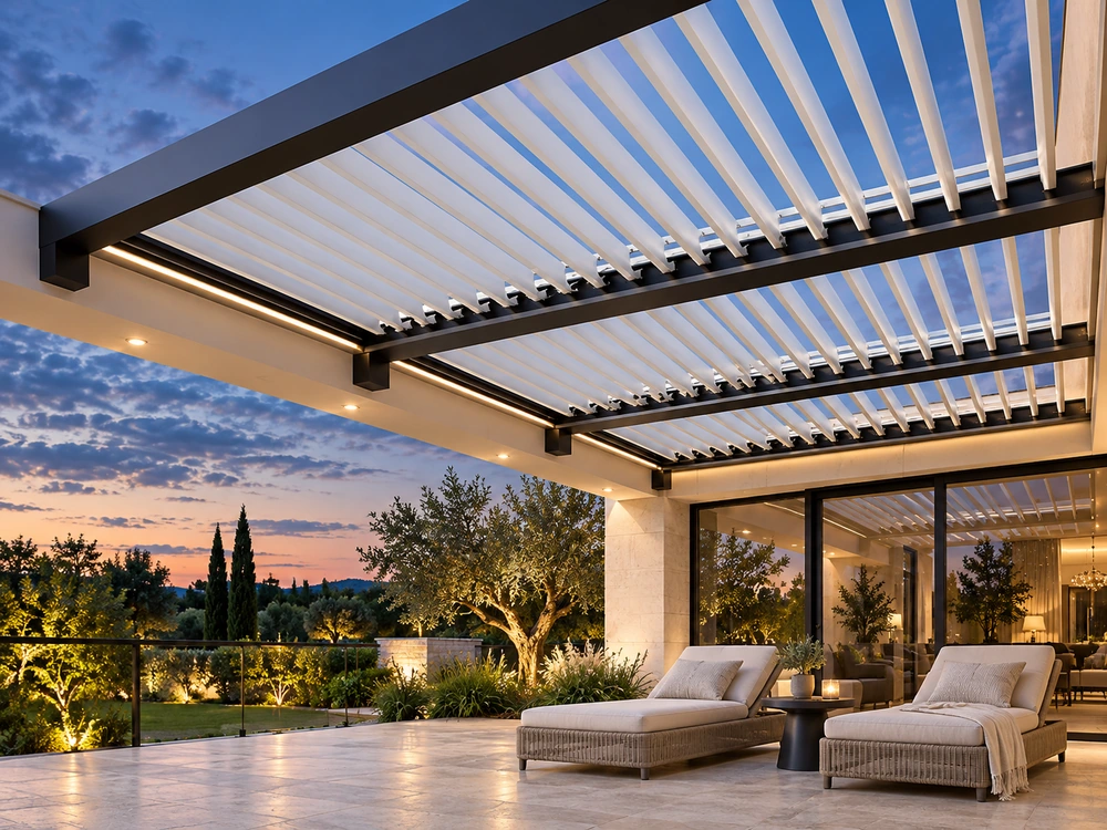 b500 — вечерняя подсветка и поворотные ламели над шезлонгами (биоклиматические перголы)